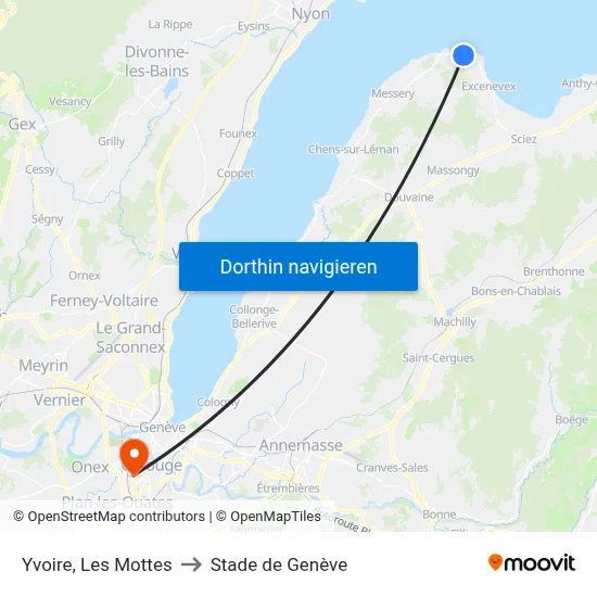 Yvoire, Les Mottes to Stade de Genève map