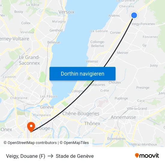 Veigy, Douane (F) to Stade de Genève map