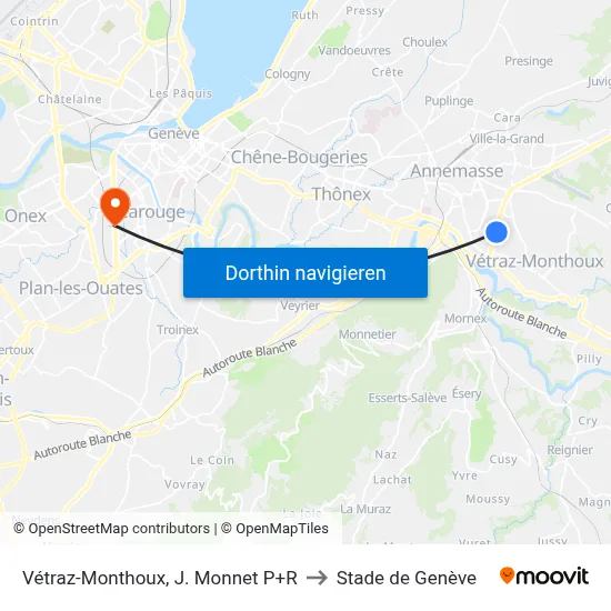 Vétraz-Monthoux, J. Monnet P+R to Stade de Genève map