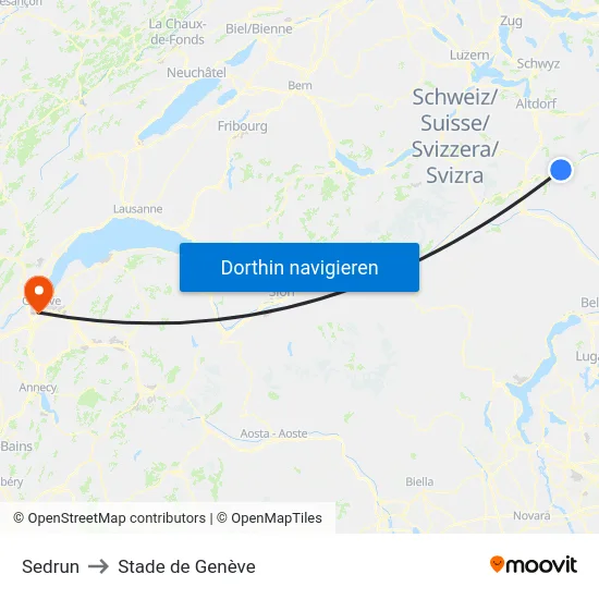 Sedrun to Stade de Genève map