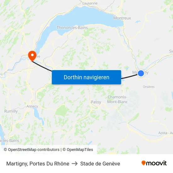 Martigny, Portes Du Rhône to Stade de Genève map