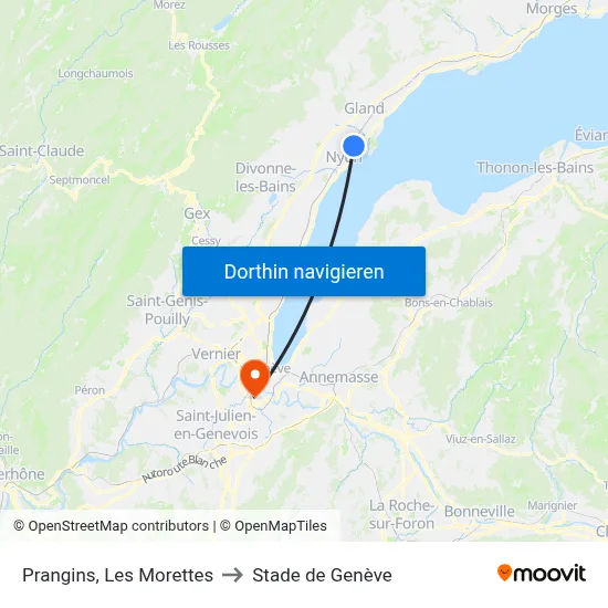 Prangins, Les Morettes to Stade de Genève map