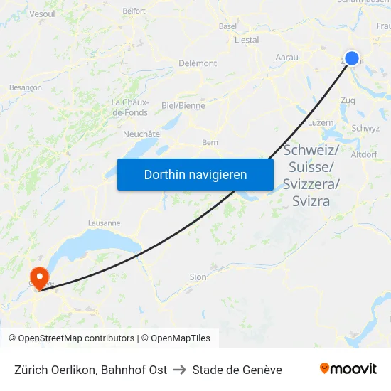 Zürich Oerlikon, Bahnhof Ost to Stade de Genève map