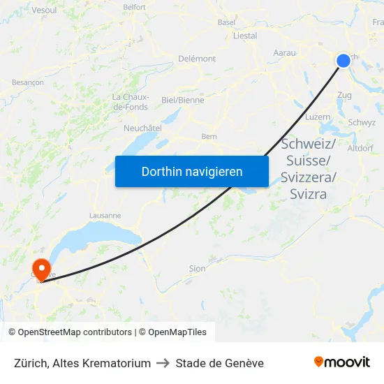 Zürich, Altes Krematorium to Stade de Genève map