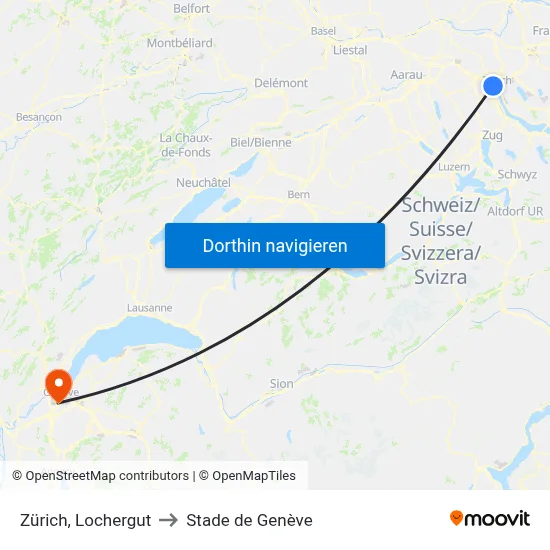 Zürich, Lochergut to Stade de Genève map