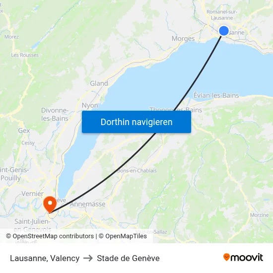 Lausanne, Valency to Stade de Genève map