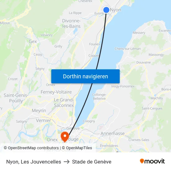 Nyon, Les Jouvencelles to Stade de Genève map