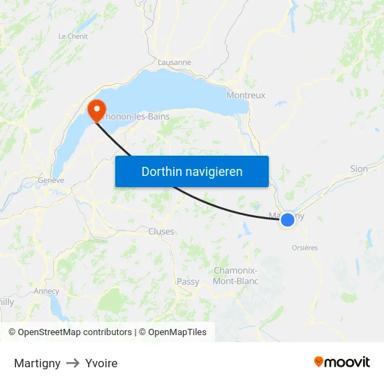 Martigny to Yvoire map