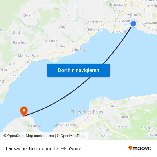 Lausanne, Bourdonnette to Yvoire map