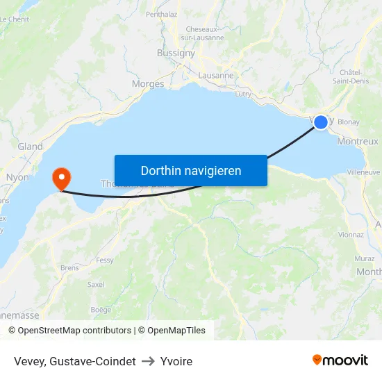 Vevey, Gustave-Coindet to Yvoire map