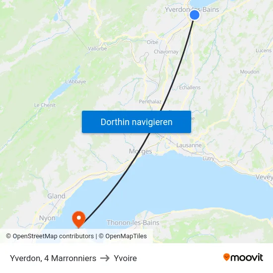Yverdon, 4 Marronniers to Yvoire map