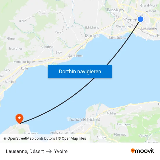 Lausanne, Désert to Yvoire map