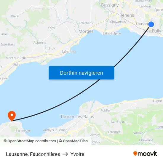 Lausanne, Fauconnières to Yvoire map