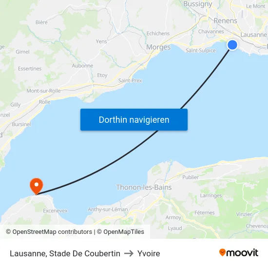 Lausanne, Stade De Coubertin to Yvoire map