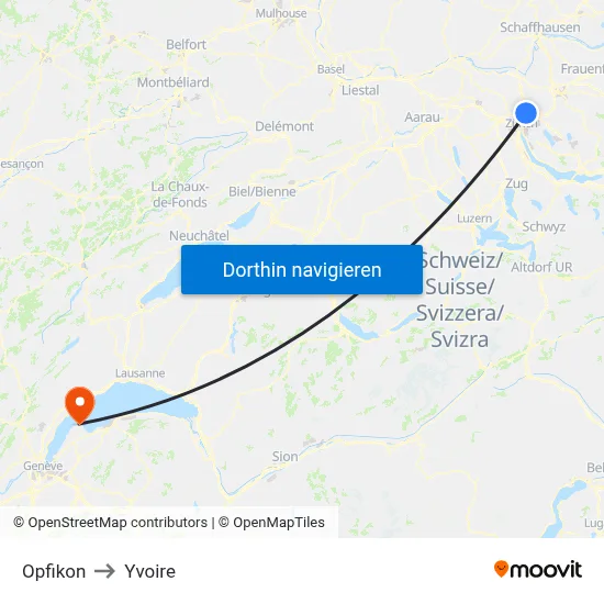 Opfikon to Yvoire map