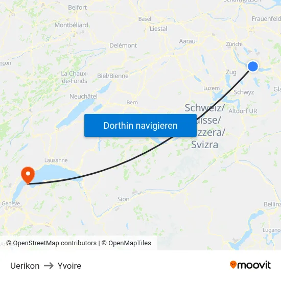 Uerikon to Yvoire map