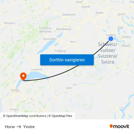 Horw to Yvoire map