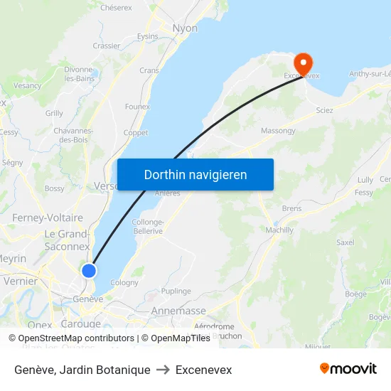 Genève, Jardin Botanique to Excenevex map