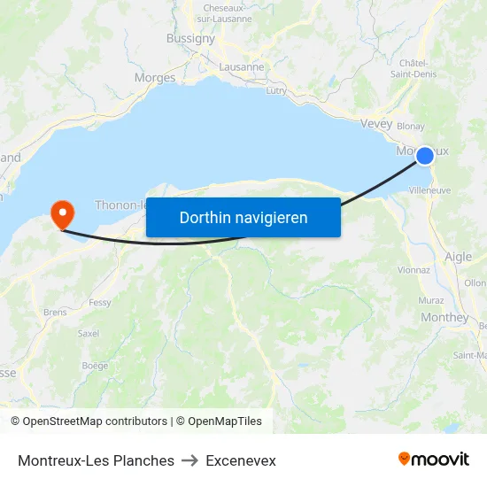 Montreux-Les Planches to Excenevex map