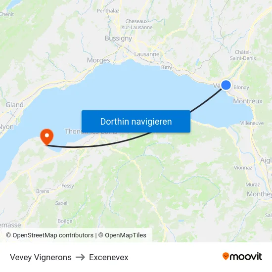 Vevey Vignerons to Excenevex map