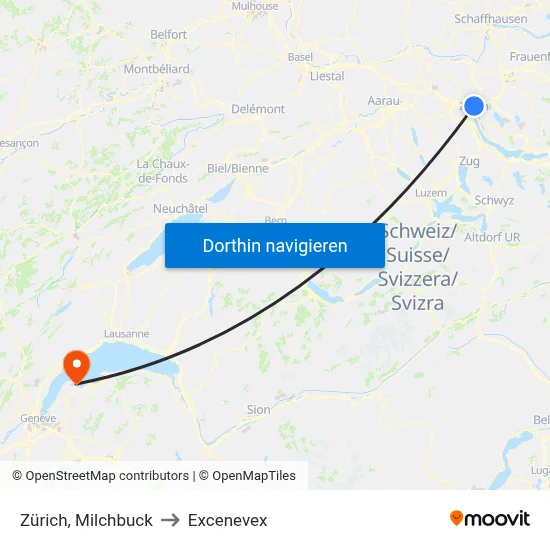 Zürich, Milchbuck to Excenevex map