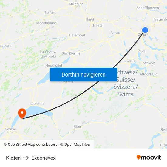 Kloten to Excenevex map