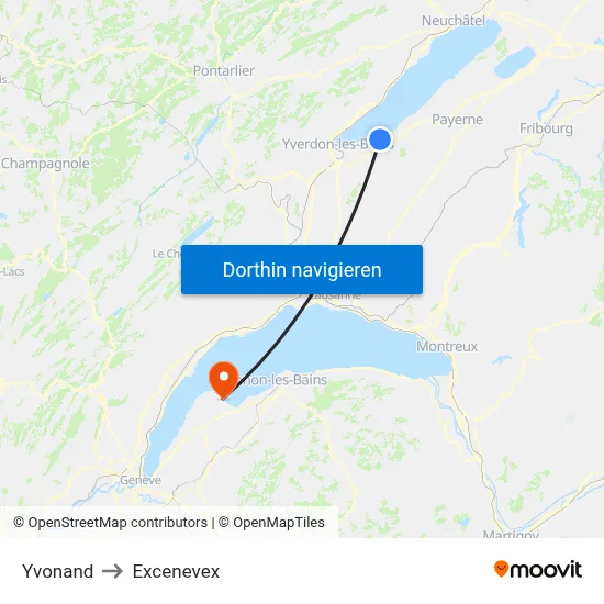 Yvonand to Excenevex map