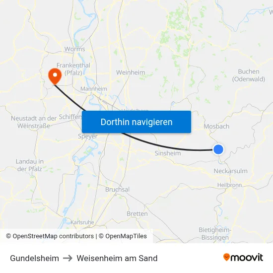 Gundelsheim to Weisenheim am Sand map