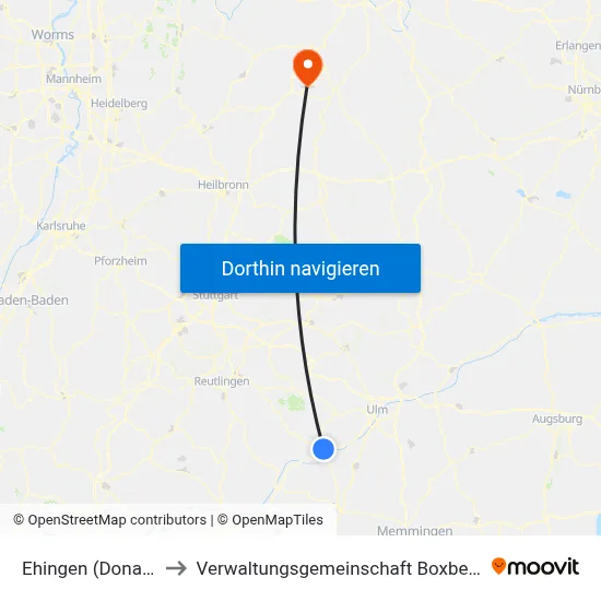 Ehingen (Donau) to Verwaltungsgemeinschaft Boxberg map