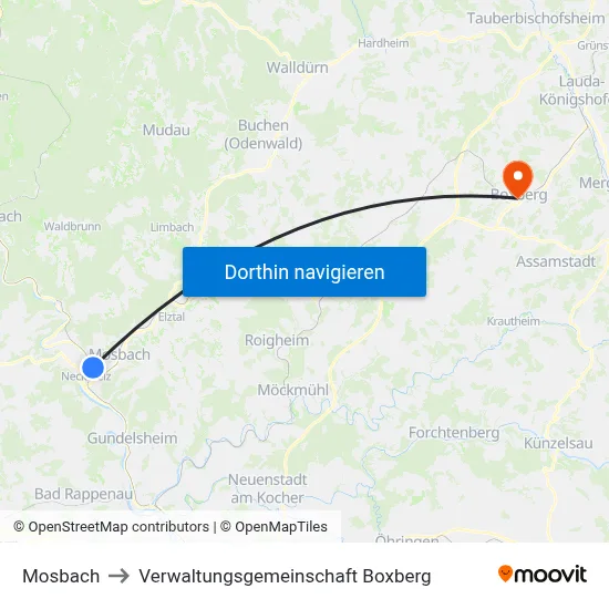 Mosbach to Verwaltungsgemeinschaft Boxberg map