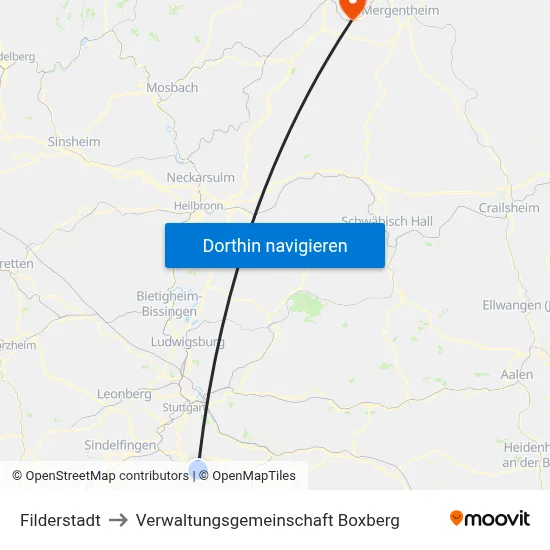 Filderstadt to Verwaltungsgemeinschaft Boxberg map
