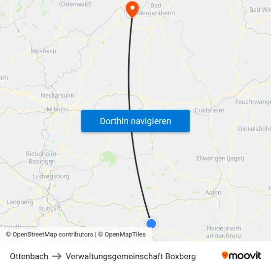 Ottenbach to Verwaltungsgemeinschaft Boxberg map