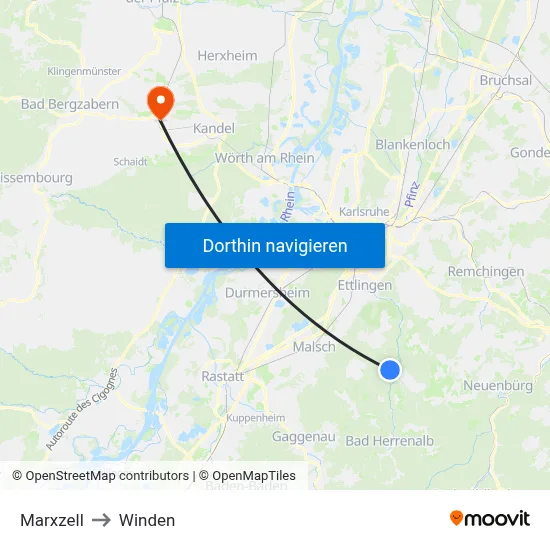 Marxzell to Winden map