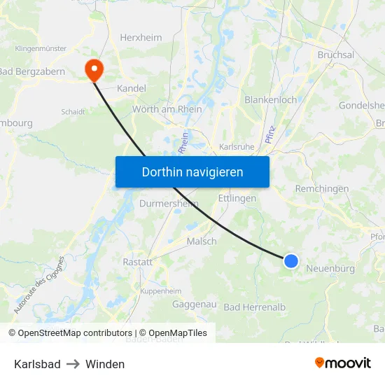 Karlsbad to Winden map