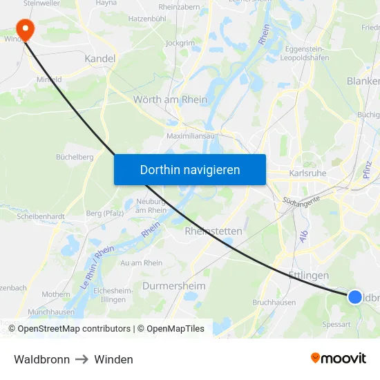 Waldbronn to Winden map