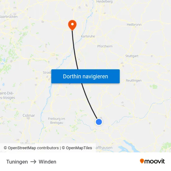 Tuningen to Winden map