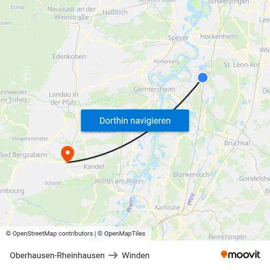Oberhausen-Rheinhausen to Winden map