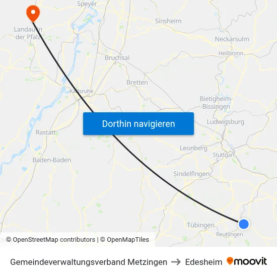 Gemeindeverwaltungsverband Metzingen to Edesheim map