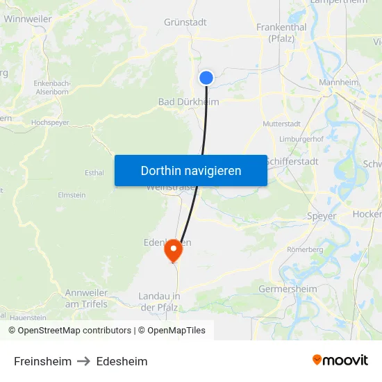 Freinsheim to Edesheim map