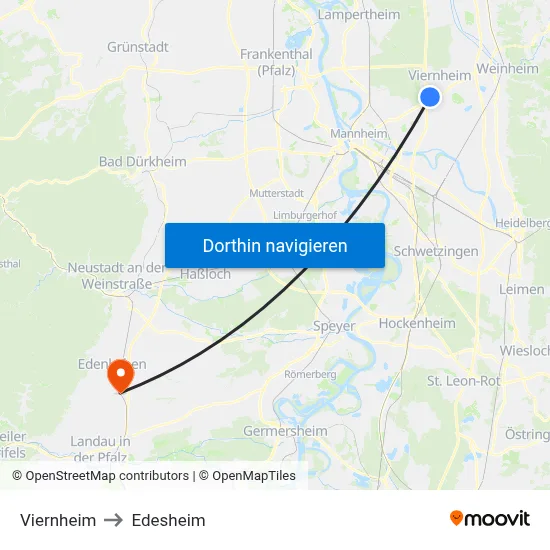 Viernheim to Edesheim map