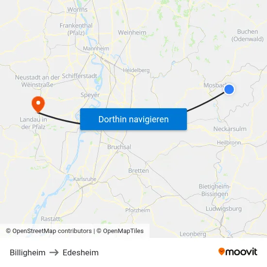 Billigheim to Edesheim map