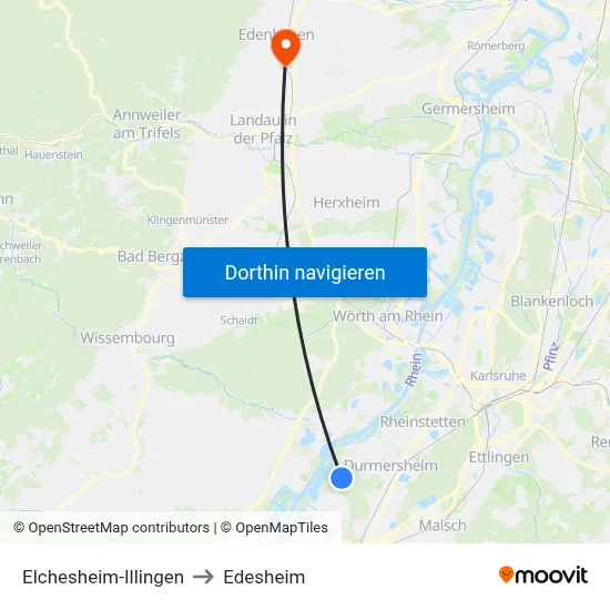 Elchesheim-Illingen to Edesheim map