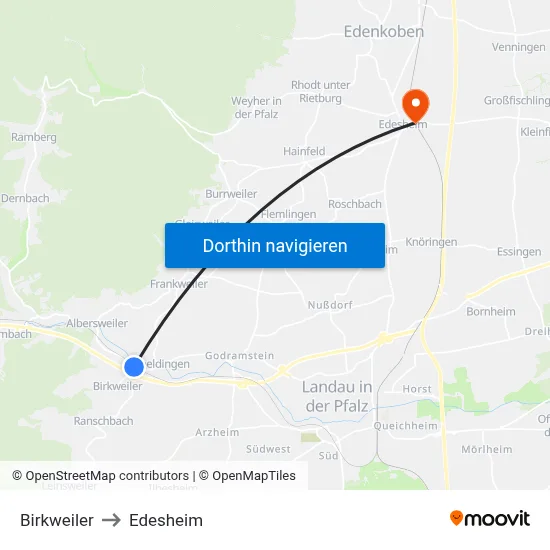 Birkweiler to Edesheim map
