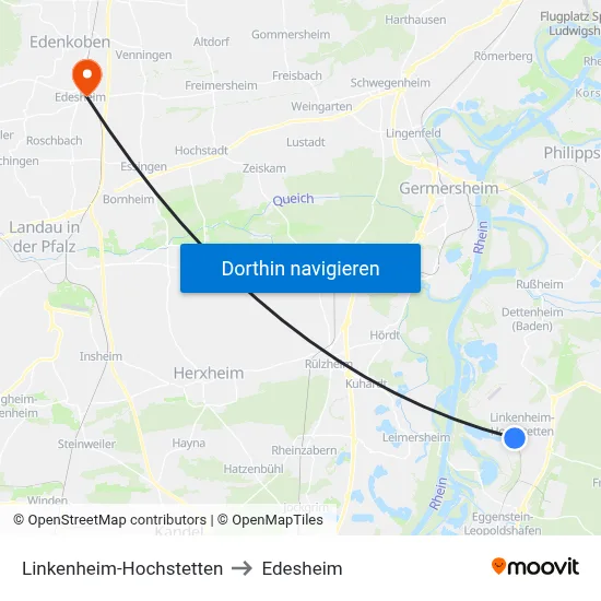 Linkenheim-Hochstetten to Edesheim map