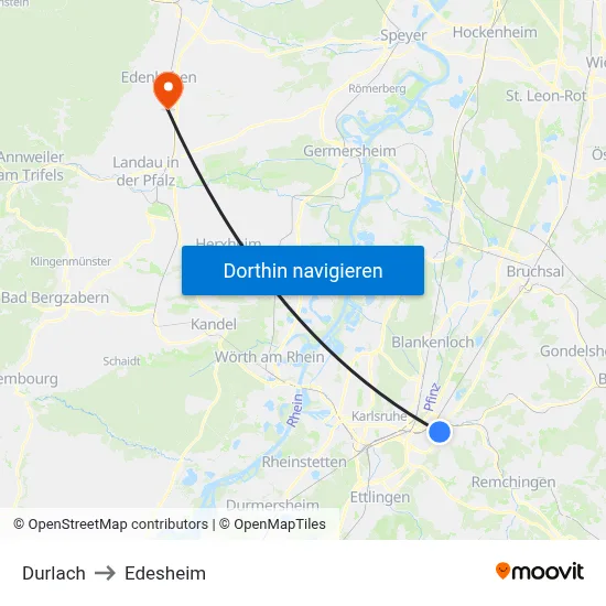 Durlach to Edesheim map