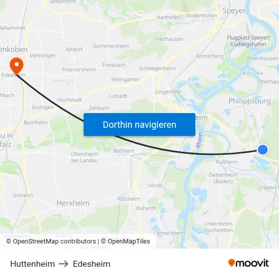 Huttenheim to Edesheim map