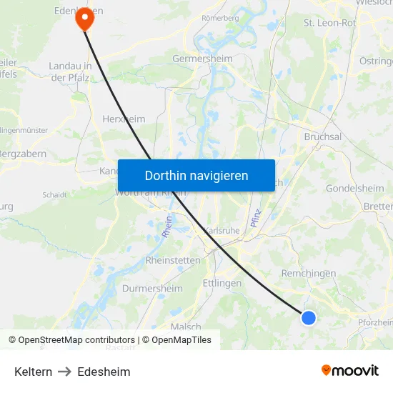 Keltern to Edesheim map