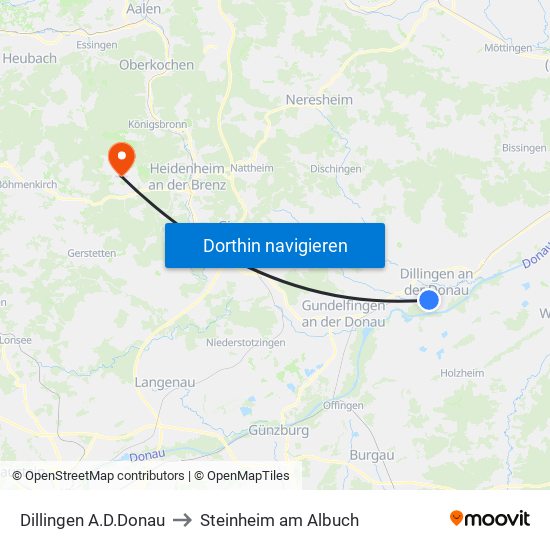 Dillingen A.D.Donau to Steinheim am Albuch map