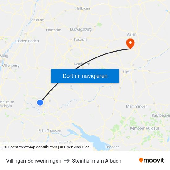 Villingen-Schwenningen to Steinheim am Albuch map