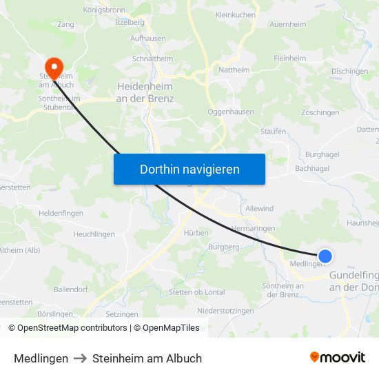 Medlingen to Steinheim am Albuch map